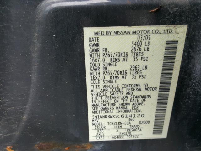 5N1AN08WX5C614120 - 2005 NISSAN XTERRA OFF GRAY photo 10