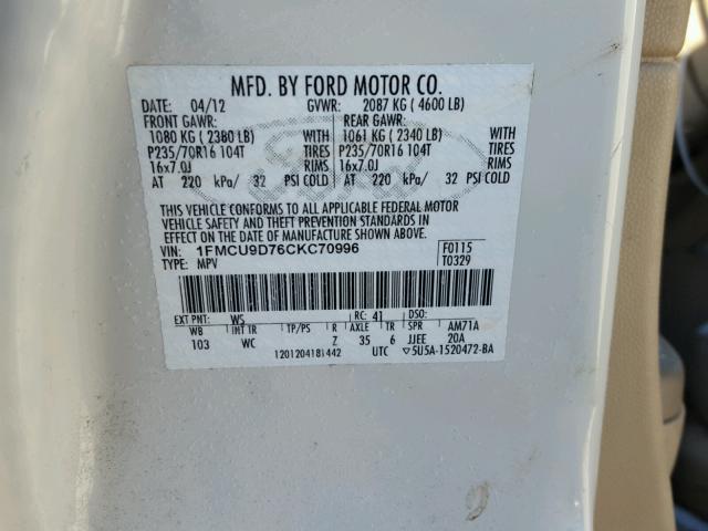 1FMCU9D76CKC70996 - 2012 FORD ESCAPE XLT WHITE photo 10