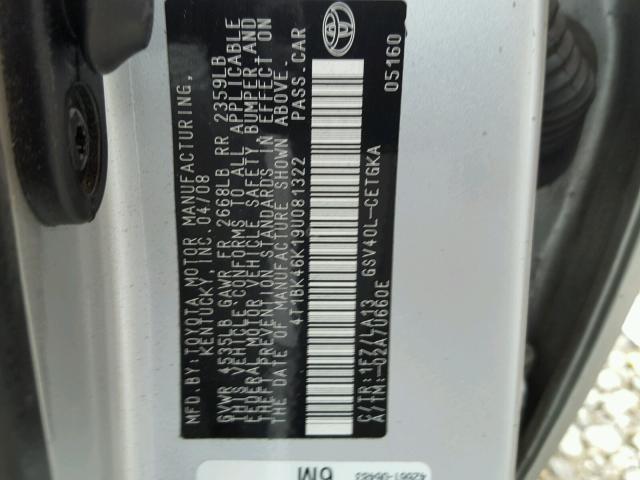 4T1BK46K19U081322 - 2009 TOYOTA CAMRY SE SILVER photo 10