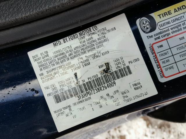 3FAHP07Z38R264009 - 2008 FORD FUSION SE BLUE photo 10