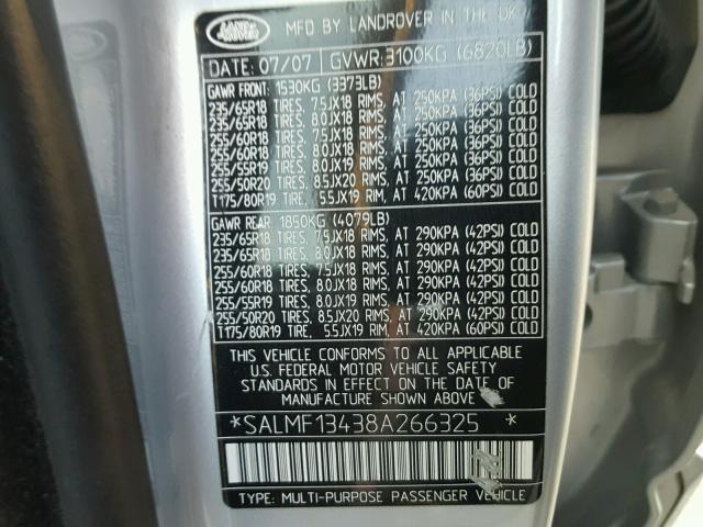 SALMF13438A266325 - 2008 LAND ROVER RANGE ROVE SILVER photo 10