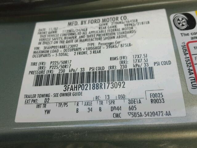 3FAHP02188R173092 - 2008 FORD FUSION SEL GREEN photo 10