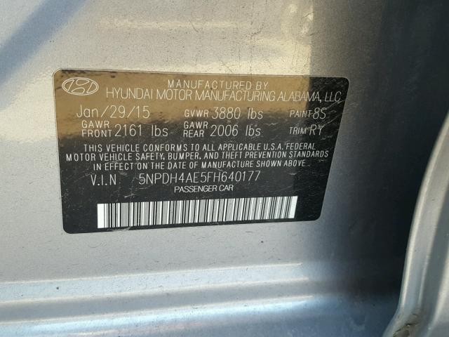 5NPDH4AE5FH640177 - 2015 HYUNDAI ELANTRA SE GRAY photo 10