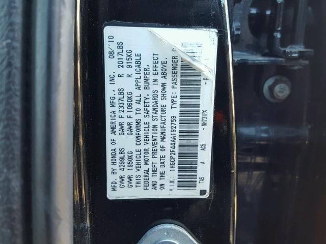 1HGCP2F44AA192759 - 2010 HONDA ACCORD LXP BLACK photo 10