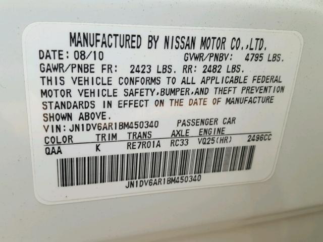 JN1DV6AR1BM450340 - 2011 INFINITI G25 WHITE photo 10