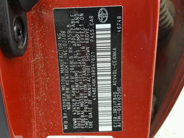 4T4BE46K18R047621 - 2008 TOYOTA CAMRY CE RED photo 10