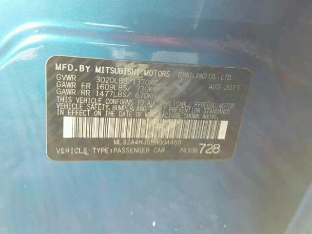 ML32A4HJ5EH004468 - 2014 MITSUBISHI MIRAGE ES BLUE photo 10