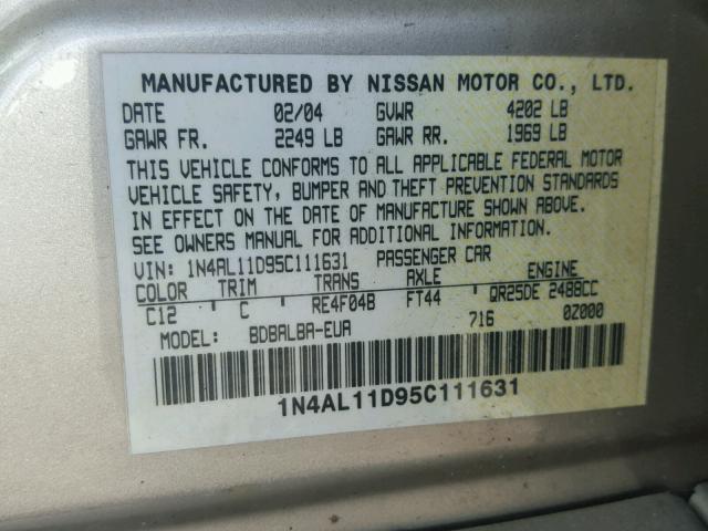 1N4AL11D95C111631 - 2005 NISSAN ALTIMA S GOLD photo 10