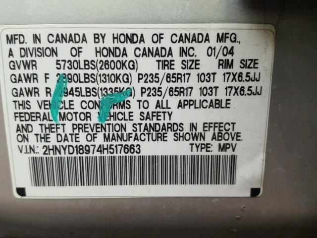 2HNYD18974H517663 - 2004 ACURA MDX TOURIN SILVER photo 10