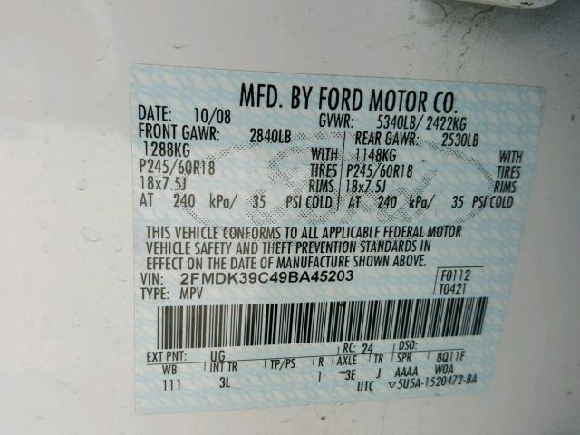 2FMDK39C49BA45203 - 2009 FORD EDGE LIMIT WHITE photo 10