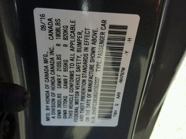 2HGFC3B38GH362207 - 2016 HONDA CIVIC EX 石墨色 照片 10