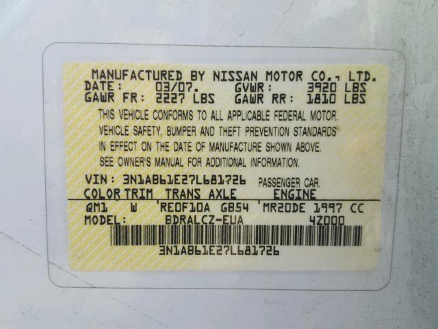 3N1AB61E27L681726 - 2007 NISSAN SENTRA 2.0 WHITE photo 10