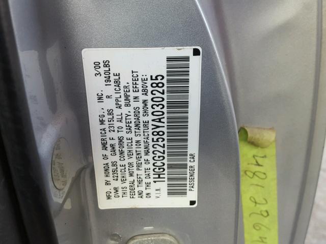 1HGCG2258YA030285 - 2000 HONDA ACCORD EX SILVER photo 10