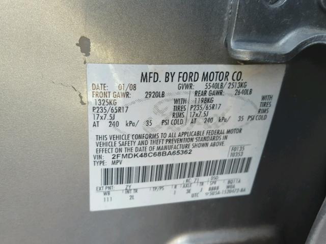 2FMDK48C68BA65362 - 2008 FORD EDGE SEL GRAY photo 10