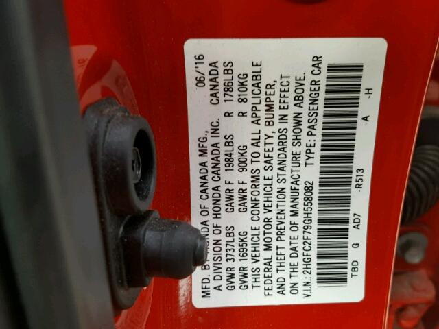2HGFC2F79GH558082 - 2016 HONDA CIVIC EX Kırmızı fotoğraf 10