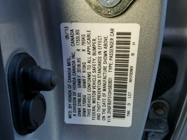 2HGFB2F51DH583801 - 2013 HONDA CIVIC LX SILVER photo 10