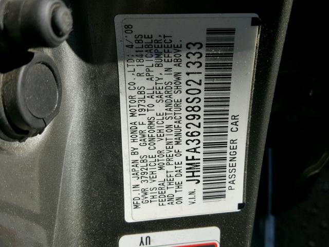 JHMFA36298S021333 - 2008 HONDA CIVIC HYBR GRAY photo 10