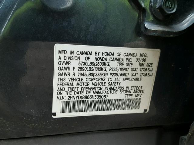 2HNYD18966H535087 - 2006 ACURA MDX TOURIN GRAY photo 10