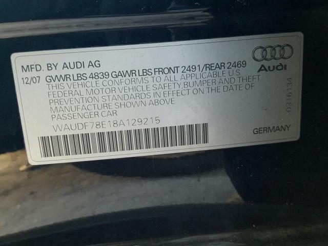 WAUDF78E18A129215 - 2008 AUDI A4 2.0T QU BLACK photo 10