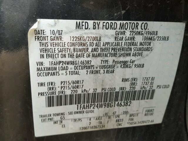 1FAHP24W98G146382 - 2008 FORD TAURUS SEL GRAY photo 10