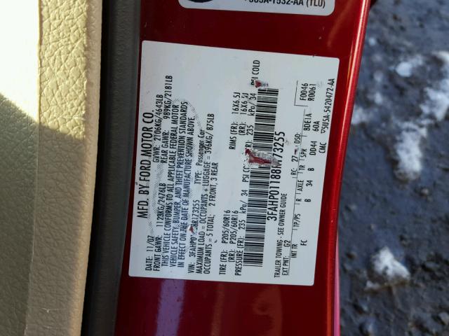 3FAHP01188R173255 - 2008 FORD FUSION SE RED photo 10