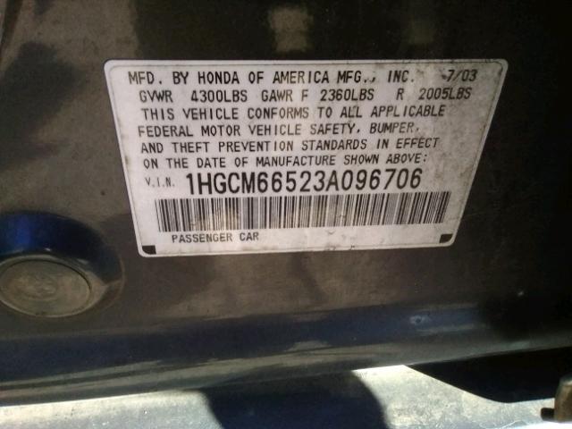 1HGCM66523A096706 - 2003 HONDA ACCORD EX GRAY photo 10