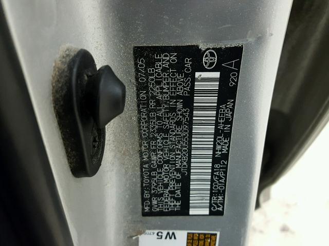 JTDKB20U553097543 - 2005 TOYOTA PRIUS SILVER photo 10