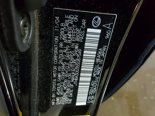 JTHBA30G355087549 - 2005 LEXUS ES 330 BLACK photo 10