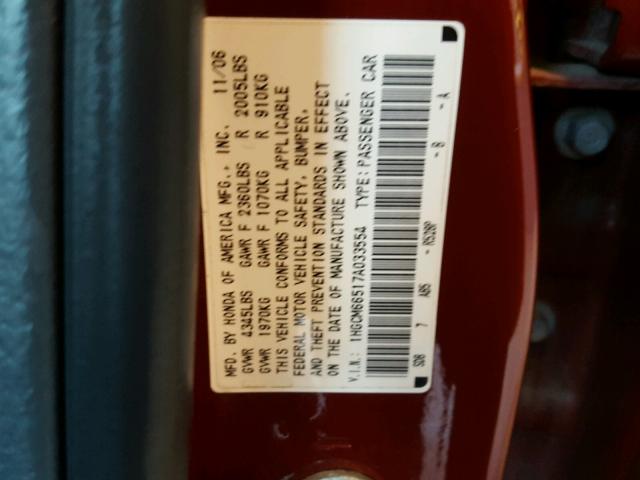 1HGCM66517A033554 - 2007 HONDA ACCORD EX RED photo 10