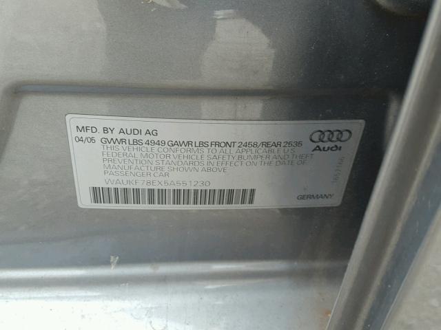 WAUKF78EX5A551230 - 2005 AUDI A4 2.0T AV GRAY photo 10