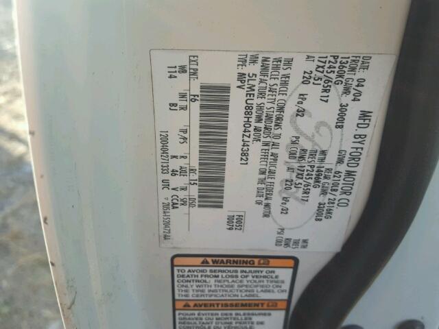 5LMEU88H04ZJ43821 - 2004 LINCOLN AVIATOR 白色 照片 10