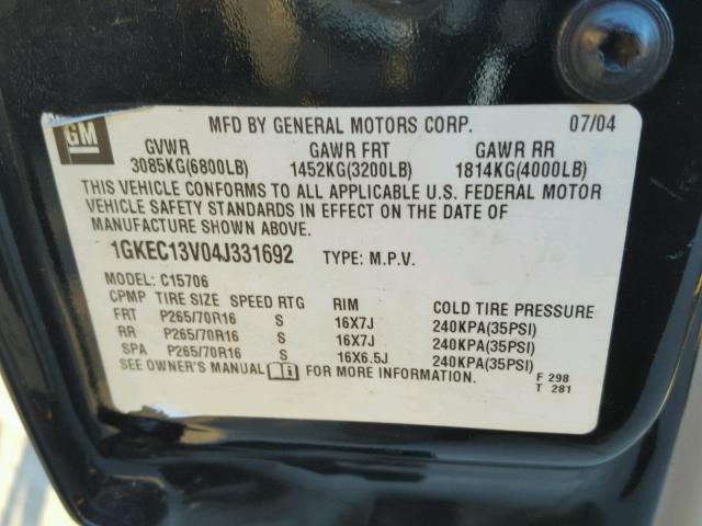 1GKEC13V04J331692 - 2004 GMC YUKON BLACK photo 10