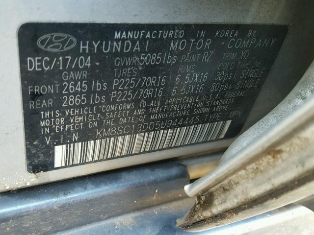 KM8SC13D05U944445 - 2005 HYUNDAI SANTA FE G SILVER photo 10