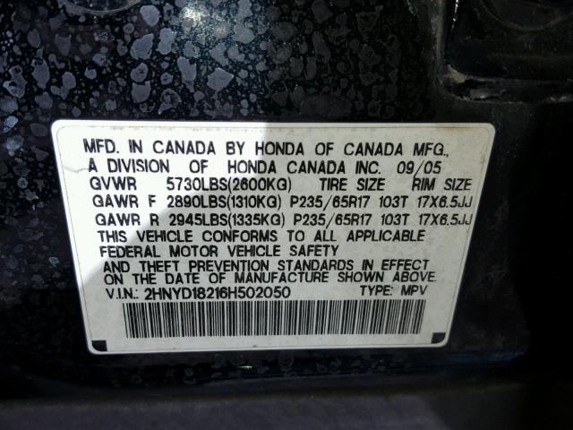 2HNYD18216H502050 - 2006 ACURA MDX BLACK photo 10