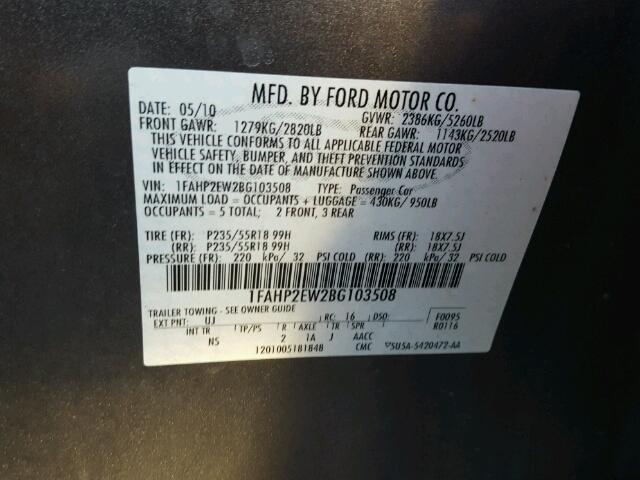 1FAHP2EW2BG103508 - 2011 FORD TAURUS SEL GRAY photo 10