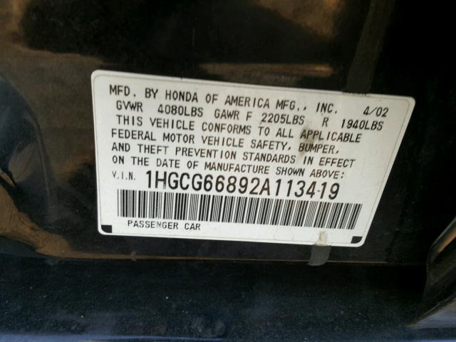 1HGCG66892A113419 - 2002 HONDA ACCORD EX BLACK photo 10