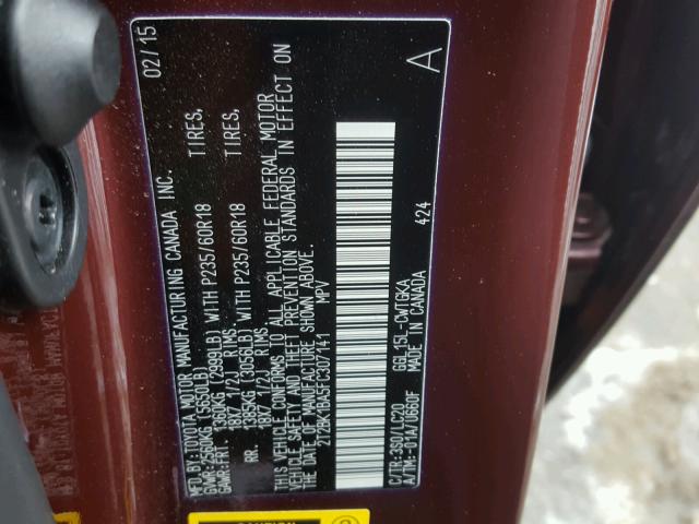 2T2BK1BA5FC307141 - 2015 LEXUS RX 350 MAROON photo 10