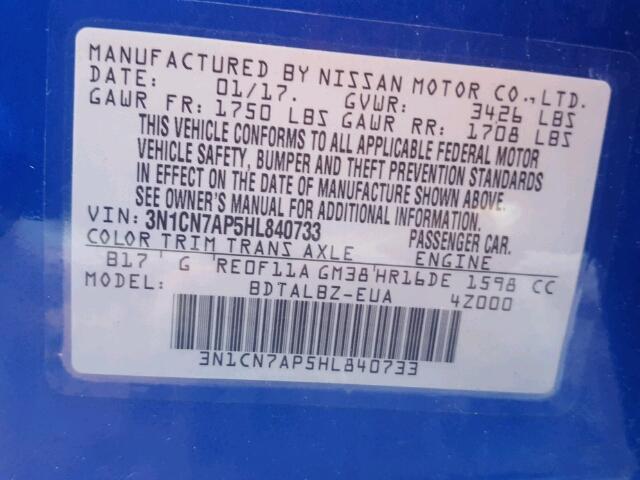 3N1CN7AP5HL840733 - 2017 NISSAN VERSA S BLUE photo 10