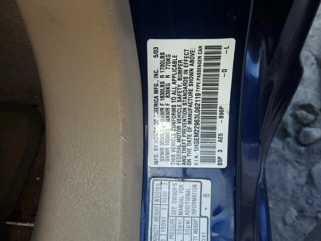 1HGEM22963L062119 - 2003 HONDA CIVIC EX 蓝色 照片 10