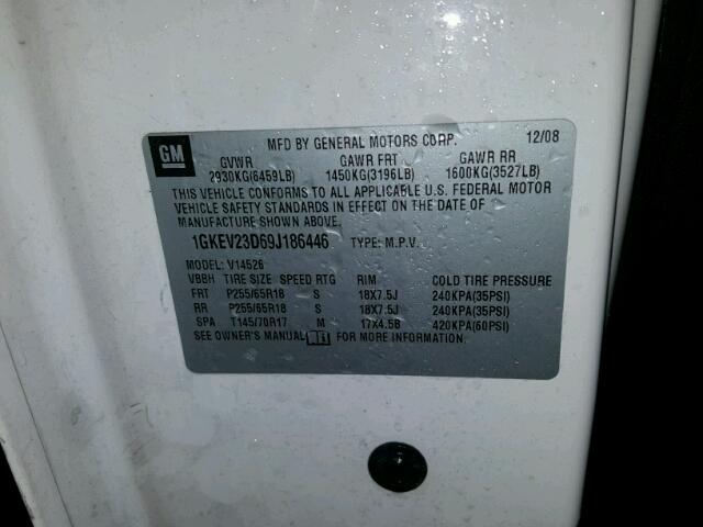 1GKEV23D69J186446 - 2009 GMC ACADIA SLT თეთრი ფოტო 10
