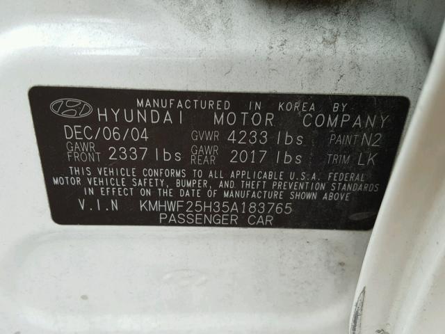 KMHWF25H35A183765 - 2005 HYUNDAI SONATA GL WHITE photo 10