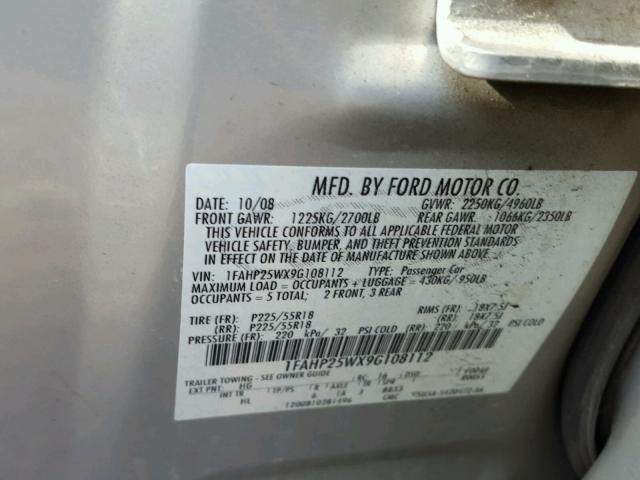 1FAHP25WX9G108112 - 2009 FORD TAURUS LIM GRAY photo 10