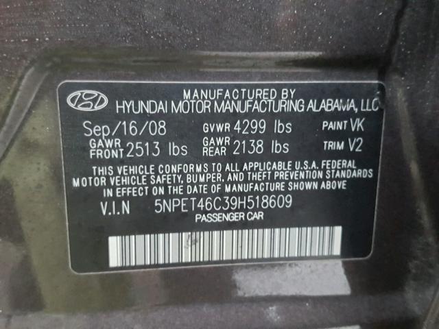 5NPET46C39H518609 - 2009 HYUNDAI SONATA GLS GRAY photo 10