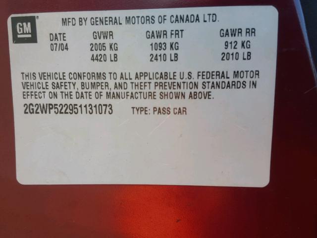 2G2WP522951131073 - 2005 PONTIAC GRAND PRIX BURGUNDY photo 10