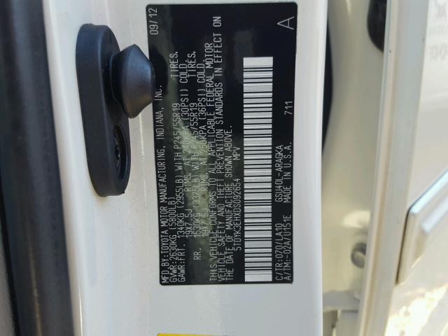 5TDYK3EHXDS092654 - 2013 TOYOTA HIGHLANDER WHITE photo 10