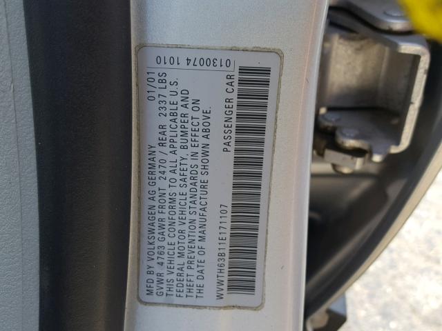 WVWTH63B11E171107 - 2001 VOLKSWAGEN PASSAT GLX SILVER photo 10