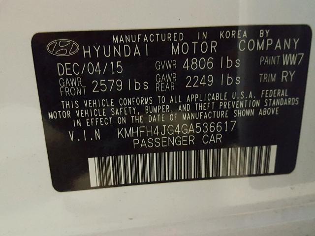 KMHFH4JG4GA536617 - 2016 HYUNDAI AZERA LIMI WHITE photo 10