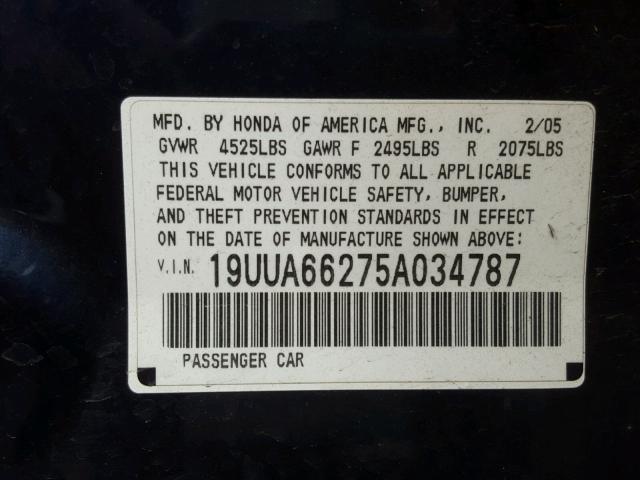 19UUA66275A034787 - 2005 ACURA TL BLUE photo 10