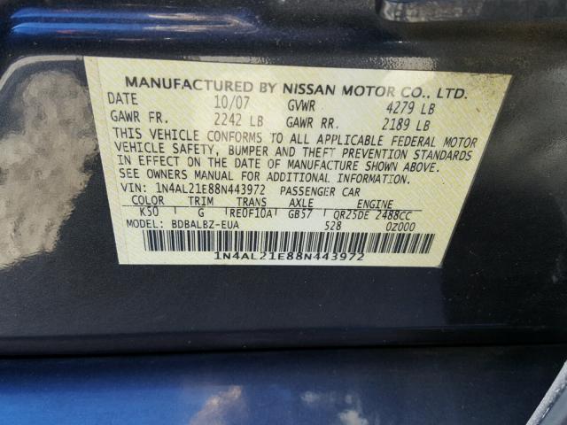 1N4AL21E88N443972 - 2008 NISSAN ALTIMA 2.5 GRAY photo 10