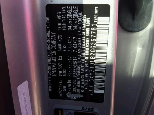 5XYZTDLB2GG367781 - 2016 HYUNDAI SANTA FE S 银色 照片 10